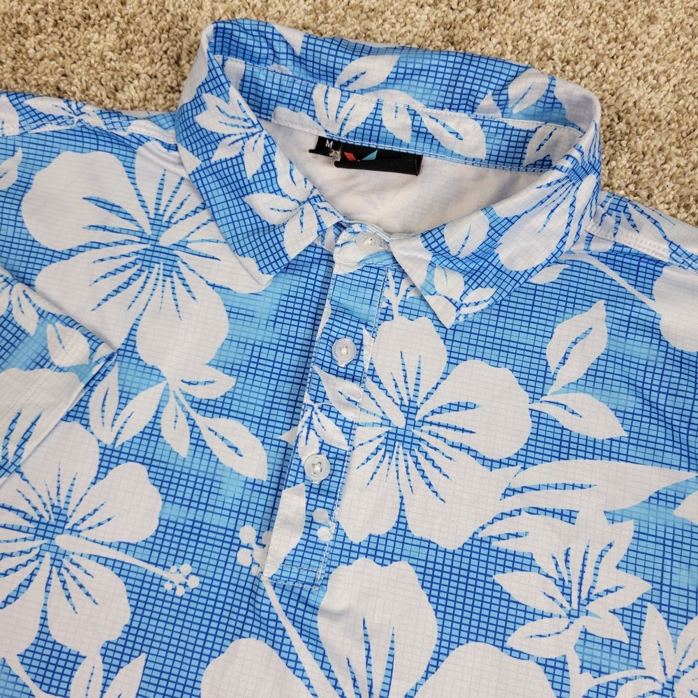 Yatta Golf Mens Medium Blue White AOP Floral Performance Stretch Golf Polo